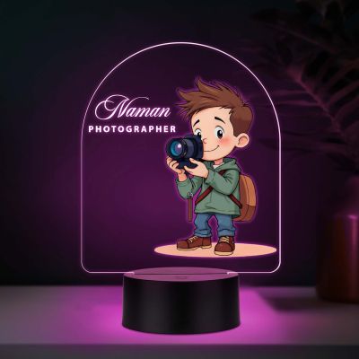 Personalized Photographer LED Night Light, Cartoon Boy with Camera Design, Color Changing Acrylic Lamp Gift for Photographer Office & Home Decor Light